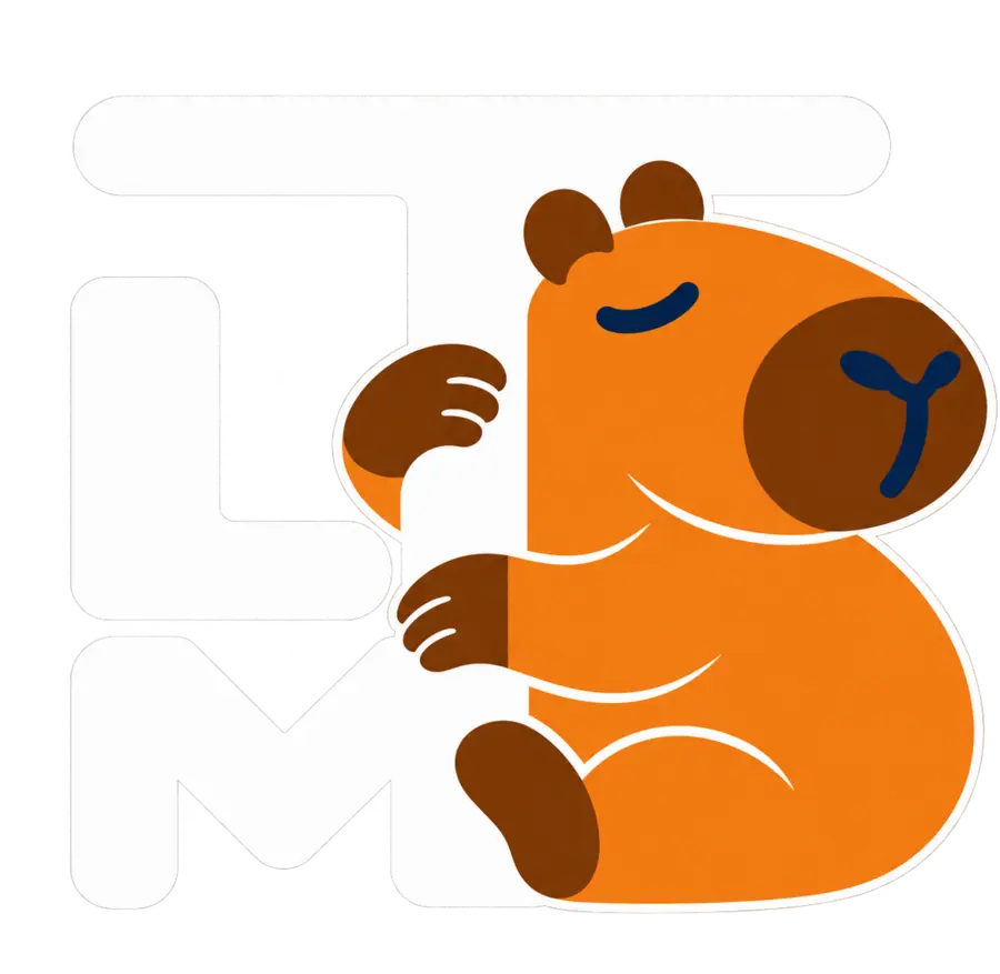 The Lazy Makers capybara, asleep against the LTM monogram